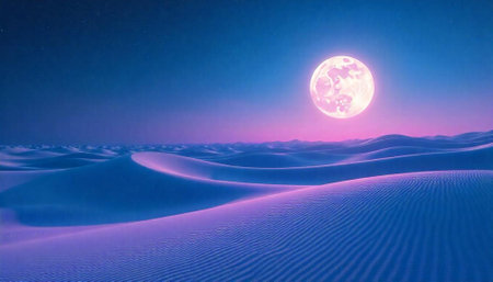 Tranquil desert dunes illuminated by a glowing full moonの写真素材