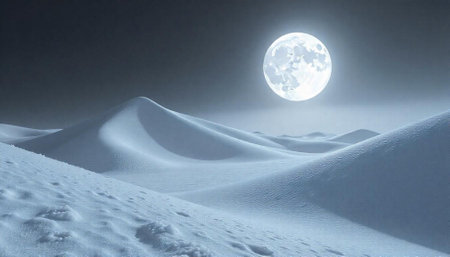 Moonlit desert landscape with snow covered dunes at nightの写真素材