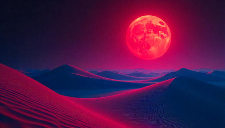 Surreal desert landscape with radiant moon and starry sky