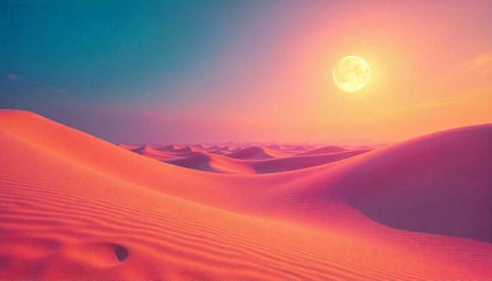 Surreal pink desert landscape with full moon, abstract dreamの写真素材