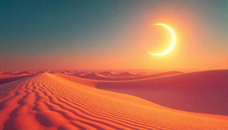 Desert landscape featuring sand dunes and a crescent moonの写真素材