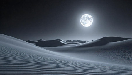 Desert landscape under moonlight with sand dunes and skyの写真素材