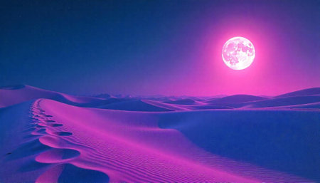 Surreal desert landscape with moonlit dunes and starlit skyの写真素材