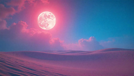 Pink moon over desert landscape with dreamy sky