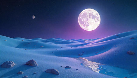 Lunar Landscape with Rolling Hills, Moon and Winding Stream