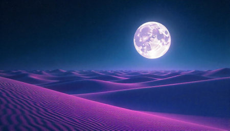 Mystical moon over purple desert dunes at nightの写真素材