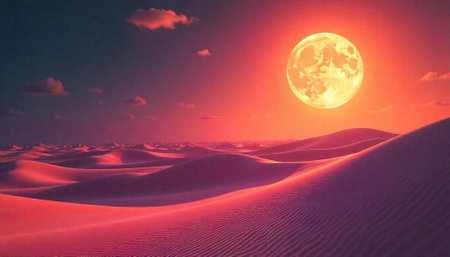 Dramatic full moon over the desert landscape illustrationの写真素材