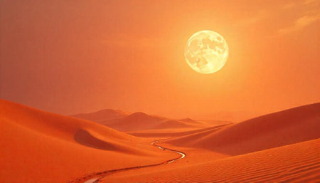 Orange Desert Landscape Underneath A Glowing Full Moonの写真素材