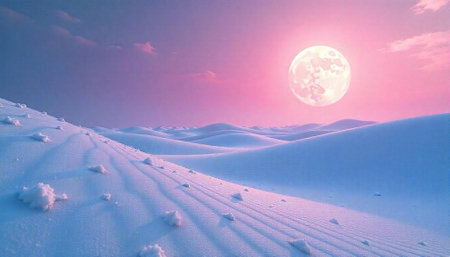 Dreamy pastel landscape of snow dunes under a full moonの写真素材