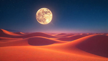 Desert landscape under a full moon and starry skyの写真素材