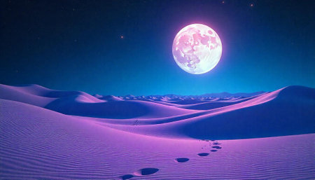 Moonlit desert landscape with footprints on sand dunes imageの写真素材