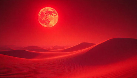Crimson desert landscape under a blood moon, surreal sceneの写真素材