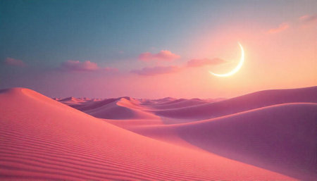 Pink desert landscape with crescent moon at twilightの写真素材