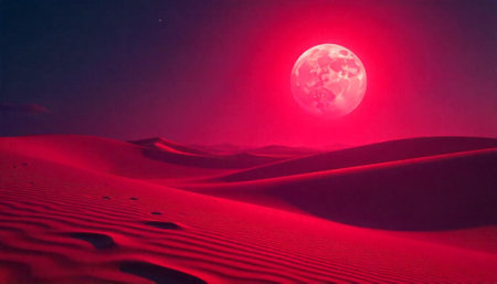 Surreal Red Desert Landscape with Full Moon and Footprints