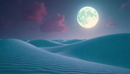 Turquoise sand dunes under the moonlight glow and starry skiesの写真素材