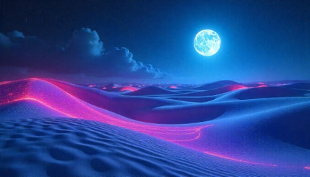 Surreal glowing desert landscape at night with full moonの写真素材