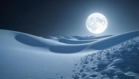 Lunar landscape with sand dunes under a full moonの写真素材