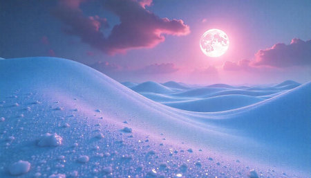 Fantasy landscape with full moon over snowy hillsの写真素材