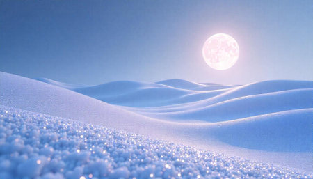 Pastel full moon rising above snowy hills landscapeの写真素材