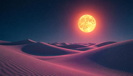 Full moon shines over pink sand dunes landscape at nightの写真素材