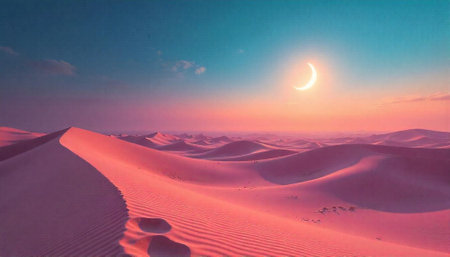 Tranquil Pink Desert Landscape with Crescent Moon at Sunsetの写真素材