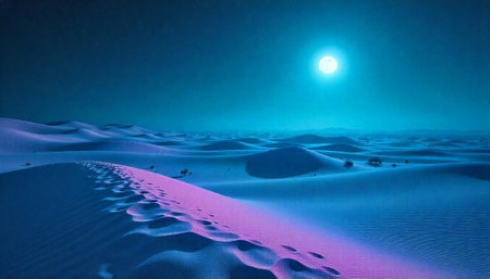 Desert landscape at night with a bright full moonの写真素材
