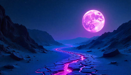 Mystical landscape with glowing river and pink full moon