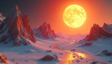 Snowy mountain landscape with bright sun and vivid skyの写真素材
