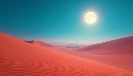 Red sand dunes meet teal sky beneath bright moonの写真素材