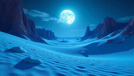 Moonlit landscape with sand dunes and rugged mountainsの写真素材