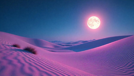 Magical full moon over desert landscape at night illustrationの写真素材