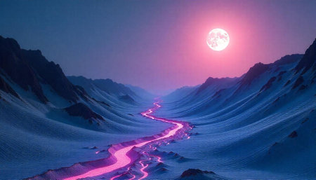 Pink river runs through majestic snow covered mountains under moonの写真素材