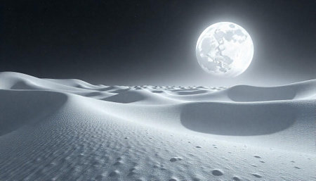 Monochrome moonlit sand dunes create a serene night landscape