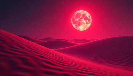 Crimson Desert Under a Glowing Lunar Orb Landscapeの写真素材