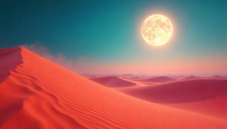Dramatic desert landscape with full moon shining above sand dunesの写真素材