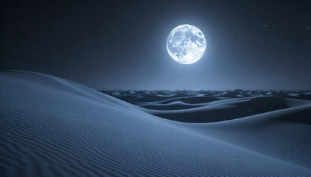 Moonlit desert landscape with rolling dunes under starry skiesの写真素材