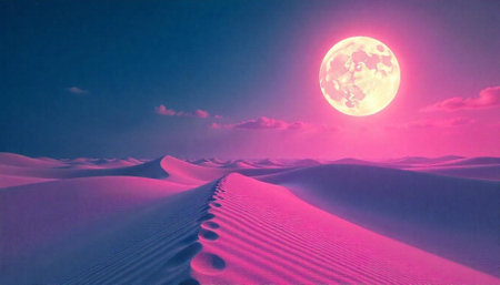 Pink desert dunes under a full moon at nightの写真素材