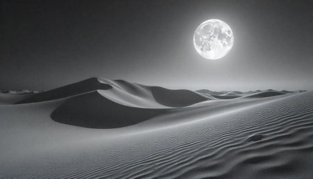 Monochromatic desert landscape under full moon at nightの写真素材
