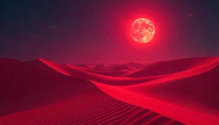 Red desert dunes under a surreal red moon landscapeの写真素材
