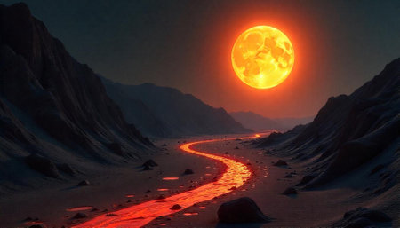 Surreal landscape with glowing river and celestial orb