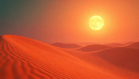 Desert landscape with sand dunes and full moon sceneryの写真素材