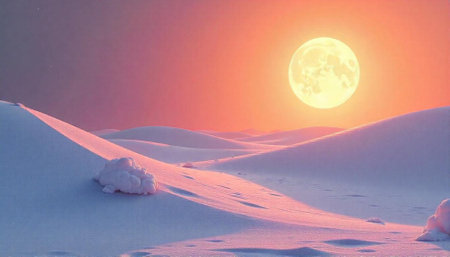 Full moon above snow dunes in orange sunset lightの写真素材