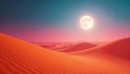 Desert landscape at night with a large full moonの写真素材