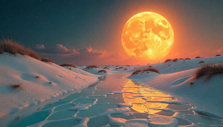 Enchanting Full Moon over Snowy Landscape with Water Reflectionsの写真素材