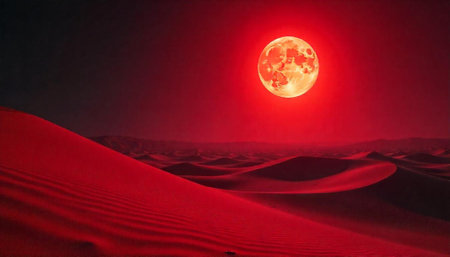 Eerie red moon over vast desert landscape with dunesの写真素材