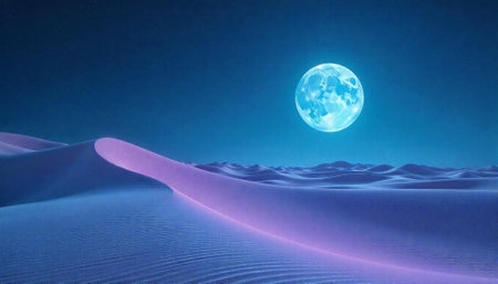 Surreal desert landscape with glowing full moon at night