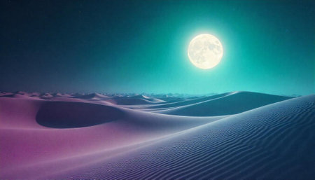 Majestic moon over desert landscape with colorful sand dunesの写真素材
