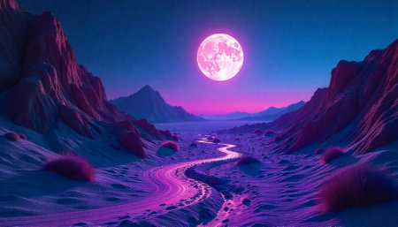 Surreal pink moon over purple desert landscape imageの写真素材