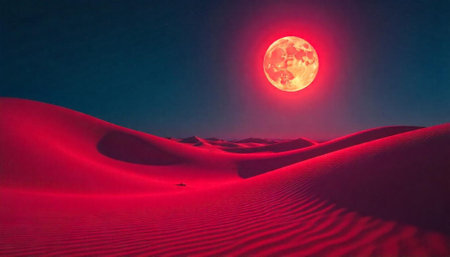 Crimson sand dunes under a radiant moon at nightの写真素材