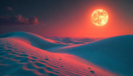 Dramatic full moon over desert sand dunes at nightの写真素材
